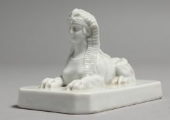 AN EARLY 19TH CENTURY MEISSEN WHITE GLAZE MODEL OF A SPHINX, crossed swords mark.
