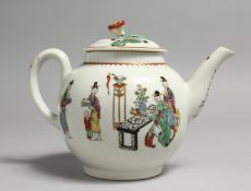 AN 18TH CENTURY WORCESTER TEAPOT AND COVER decorated with a Chinese family.