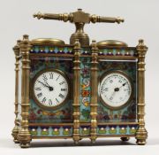 A CLOISONNE ENAMEL AND BRASS DOUBLE CARRIAGE CLOCK. 4ins high.