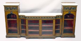 IN THE MANNER OF GILLOW, A SUPERB BURR WALNUT, ORMOLU AND MARBLE BREAKFRONT SIDE CABINET, the centre