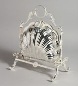 A SILVER PLATE SHELL FOLDING CHEESE AND BISCUIT STAND.