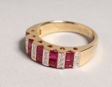 A GOOD 18CT WHITE GOLD, RUBY AND DIAMOND HALF HOOP RING.
