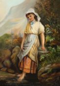19TH CENTURY ENGLISH SCHOOL A girl standing beside a mountain stream. Oil on canvas. 15ins x 11ins.