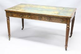 A GOOD 19TH CENTURY ROSEWOOD LIBRARY TABLE, in the Manner of GILLOW, with a distressed leather inset
