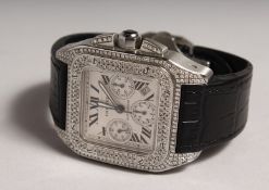 A SUPERB CARTIER SANTOS AUTO CHRONOMETER, set with diamonds, with leather strap, stainless steel,
