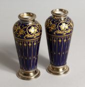 A SUPERB SMALL PAIR OF LIMOGES GILT DECORATED AND SILVER VASES.