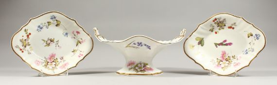 A FINE DANIEL OVAL TWO HANDLED COMPORT painted with flowers, painted by William Pollard and two oval