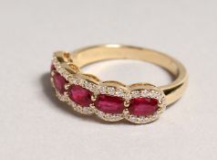 A VERY GOOD 18CT YELLOW GOLD, RUBY AND DIAMOND HALF HOOP RING.