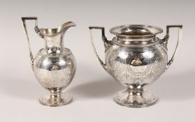 A VICTORIAN CLASSIC DESIGN TWO-HANDLED SUGAR BASIN AND MILK JUG with bead edge and anthemion