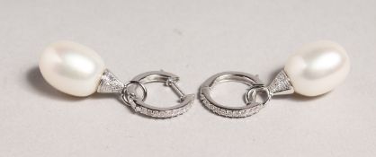 A PAIR OF 18CT WHITE GOLD, PEARL AND DIAMOND DECORATIVE DROP EARRINGS.