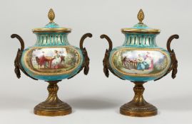 A VERY GOOD PAIR OF 19TH CENTURY SEVRES PORCELAIN AND ONYX URNS AND COVERS painted with reverse