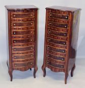 A GOOD PAIR OF CONTINENTAL SIX DRAWER CHESTS with brass handles, on curving feet. 4ft high x 1ft