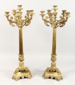 A VERY GOOD PAIR OF 19TH CENTURY FRENCH ORMOLU SIX LIGHT CANDELABRA with scrolling arms, fluted