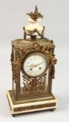 A 19TH CENTURY LOUIS XVI ORMOLU AND WHITE MARBLE CLOCK, with a finial, glass sided case with ribbons