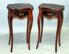 A PAIR OF FRENCH STYLE BEDSIDE TABLES with crossbanded tops, single drawer, on curving legs. 2ft