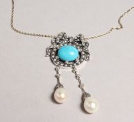 A GOOD 9CT GOLD AND SILVER TURQUOISE SET NECKLACE with pearls and diamonds.
