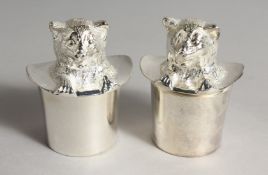 A PAIR OF PLATE SALT AND PEPPERS, cat in a hat. 2.5ins.