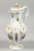 A GOOD MEISSEN COFFEE POT AND COVER, moulded body painted with flowers Cross swords mark in blue