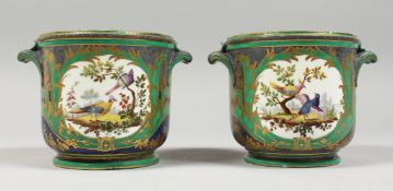 A GOOD SMALL PAIR OF SEVRES JARDINIERES, painted with panels of birch. Sevres mark in blue 4ins