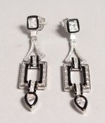 A PAIR OF SILVER DECO STYLE EMERALD AND ZIRCON DROP EARRINGS.