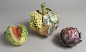 LADY ANNE GORDON PORCELAIN FRUIT, three pieces, globe artichoke, 4ins diameter, large pumpkin hung