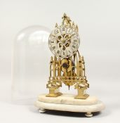 A SUPERB BRASS CATHEADE SKELETON CLOCK, fusee movement on a marble base with glass dome. 13ins