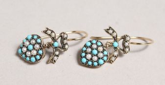 A PAIR OF 9CT GOLD, TURQUOISE AND PEARL HEART SHAPED DROP EARRINGS.