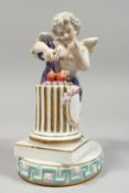 A GOOD DRESDEN PORCELAIN FIGURE OF CUPID setting two hearts aflame 8ins high.