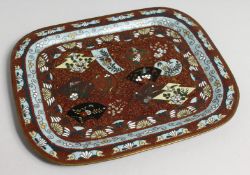 A GOOD JAPANESE CLOISONNE ENAMEL TEA TRAY on four small feet. 7.5ins x 6ins.