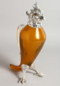 A SILVER PLATE AND GLASS COCKATOO CLARET JUG. 11.5ins high.