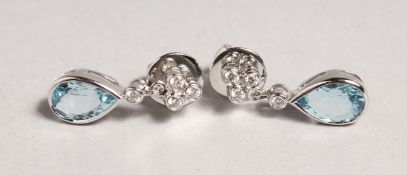 A PAIR OF 18CT WHITE GOLD, AQUAMARINE AND DIAMOND DROP EARRINGS.