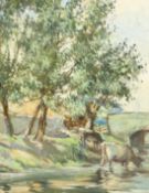 B. S. PEDDER Cattle watering by a bridge. Signed, oil on canvas. 19ins x 14.5ins.