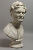 AFTER THE ANTIQUE A PLASTER BUST on a circular base. 21ins high.
