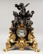 A VERY GOOD FRENCH BRONZE AND ORMOLU CLOCK, with three bronze cupids and gilt bronze and ormolu