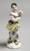 A MID 18TH CENTURY MEISSEN FIGURE OF A YOUNG WOMAN PLAYING A TRIANGLE, crossed swords mark to base.