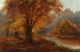 WILLIAM LANGLEY Burnham Beeches. Signed, oil on canvas. 26ins x 36ins.