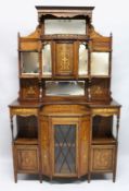 A GOOD EDWARDIAN ROSEWOOD AND MARQUETRY SIDE CABINET, the upper section with a mirrored back, the