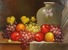 STILL LIFE, fruit on a ledge. Signed, oil on canvas. 18ins x 14ins.
