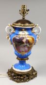 A PARIS PORCELAIN TWO-HANDLED VASE converted to a lamp, on ormolu base. 16ins high.