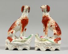 A GOOD PAIR OF STAFFORDSHIRE GAME DOGS with open legs, probably Irish Setters, with dead game at