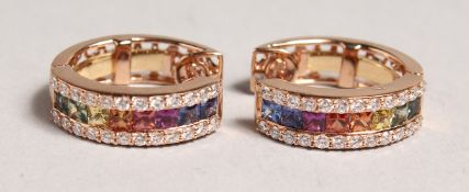 A PAIR OF VERY GOOD 18CT YELLOW GOLD MULTI-COLOURED SAPPHIRE HOOP EARRINGS.