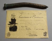 A HISTORICAL BRASS BOLT, 9.5ins long, removed from HMS Victory during restoration. Sold with