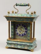 A GOOD CLOISONNE ENAMEL CLOCK, the face painted with flowers and birds, with fusee column