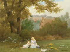 R. STEFFAN In the meadow beside houses. Signed, oil on canvas. 18ins x 24ins.