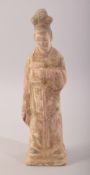 A CHINESE TERRACOTTA STANDING FEMALE FIGURE, 18cm high.