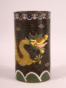A 19TH CENTURY CHINESE CLOISONNE DRAGON BRUSH POT - depicting a five claw dragon chasing the pearl