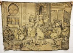 A LARGE TURKISH OTTOMAN TAPESTRY, depicting a dancing party with musicians and attendants, 177cm x