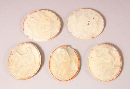 FIVE SMALL 18TH/19TH CENTURY JERUSALEM CARVED MOTHER OF PEARL OVAL PANELS, each depicting figures