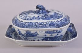 A SMALL CHINESE BLUE AND WHITE PORCELAIN TUREEN AND TRAY, decorated with landscape scenes all over