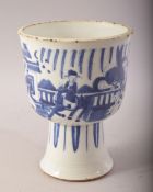 A CHINESE BLUE & WHITE PORCELAIN STEM CUP / GOBLET - Decorated with figures upon horseback in